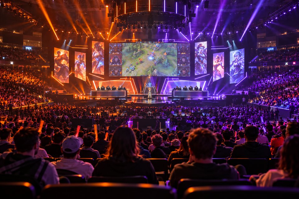 Widownia esportowej areny w kolorowym świetle Widownia esportowej areny w kolorowym świetle